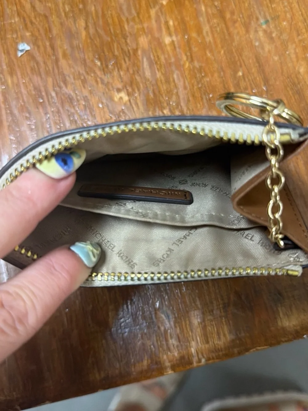 Michael Kors Monogram Zip Wallet - Ivory and Beige with Gold Hardware